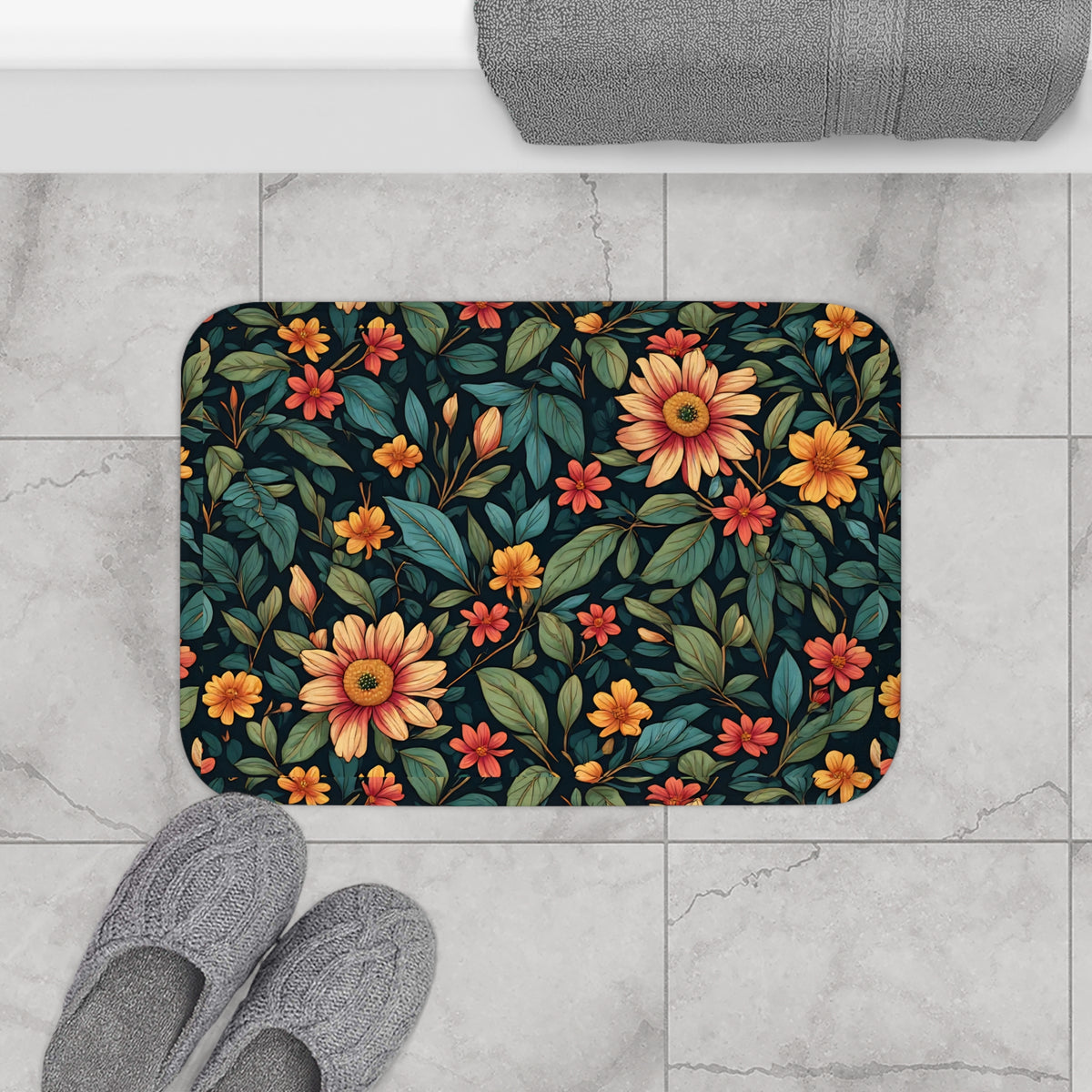 Floral Garden Bath Mat - Vintage Sunflower & Leaf Bathroom Rug