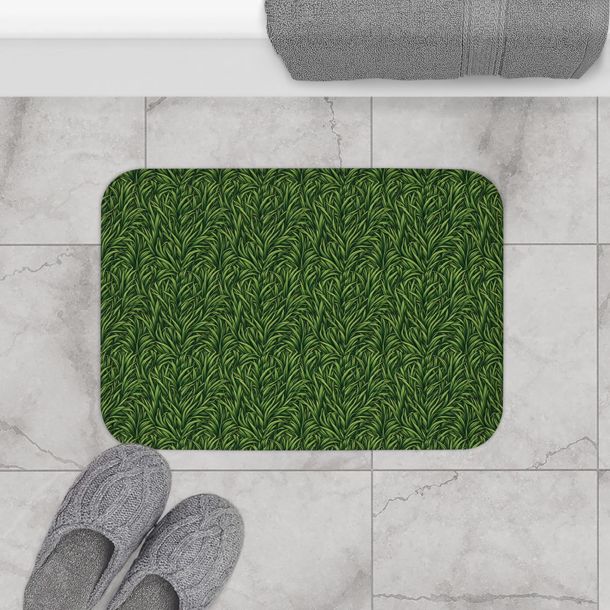 Green Grass Pattern Bath Mat - Botanical Non-Slip Bathroom Rug