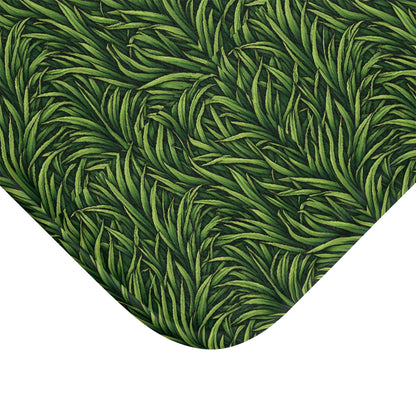 Green Grass Pattern Bath Mat - Botanical Non-Slip Bathroom Rug