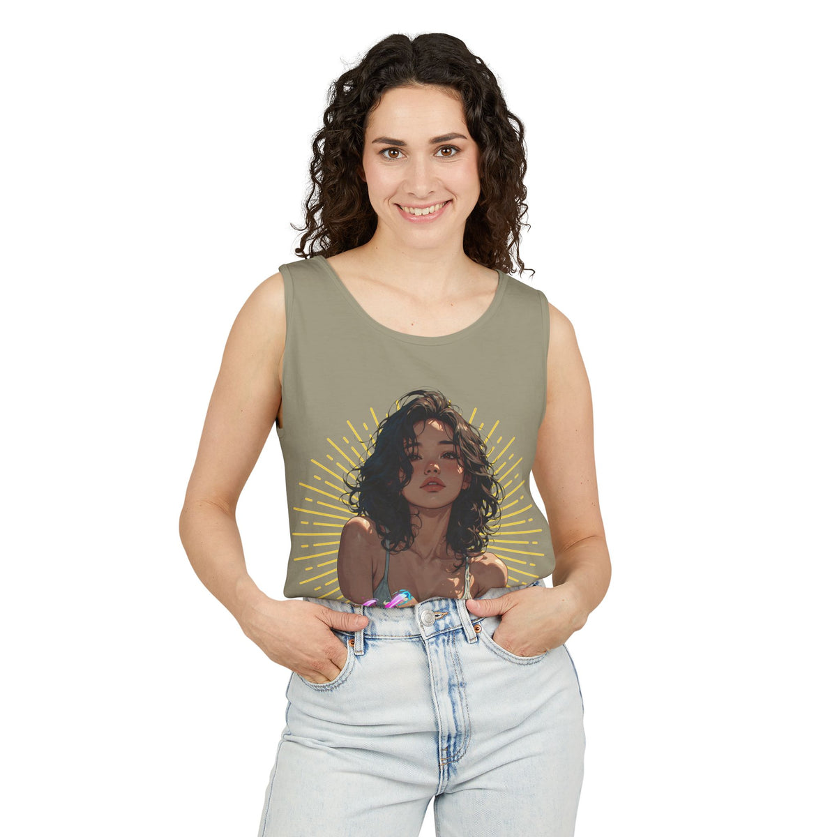 Tank Top - Cute Character & Script Graphic Beach Babe Tank