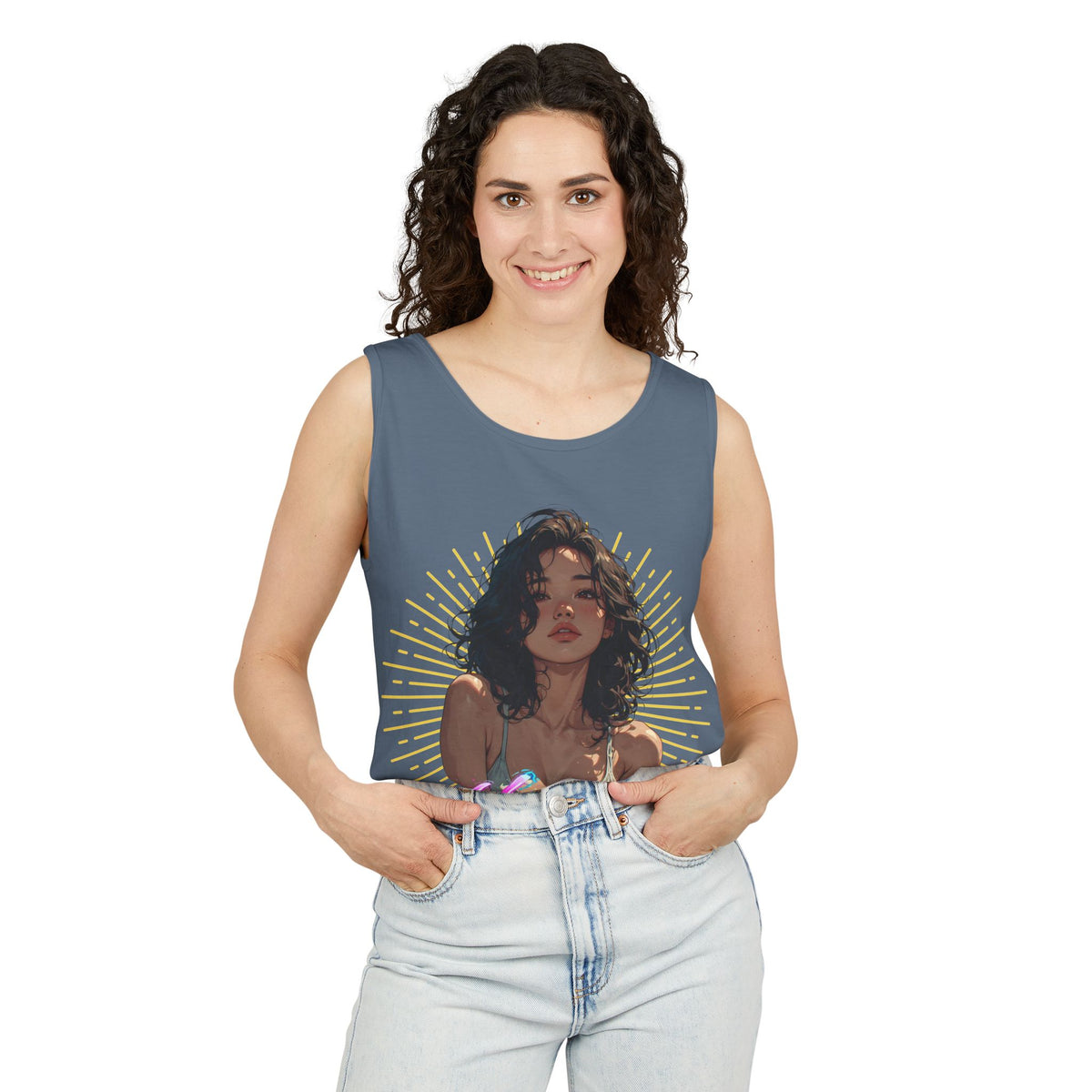 Tank Top - Cute Character & Script Graphic Beach Babe Tank