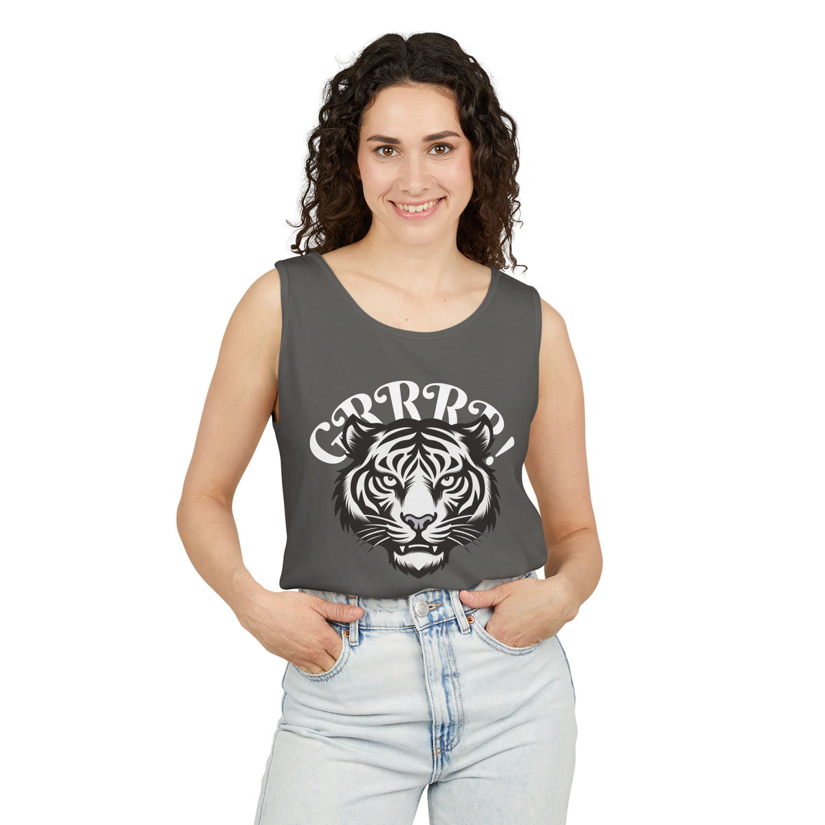 Tiger “GRRRR!” Graphic Tank Top , Fierce Animal Print Casual Tee