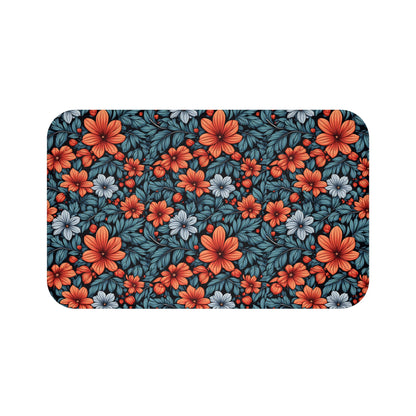 Floral Orange & Teal Bath Mat  - Vibrant Garden Pattern