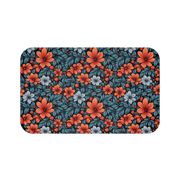 Floral Orange & Teal Bath Mat  - Vibrant Garden Pattern