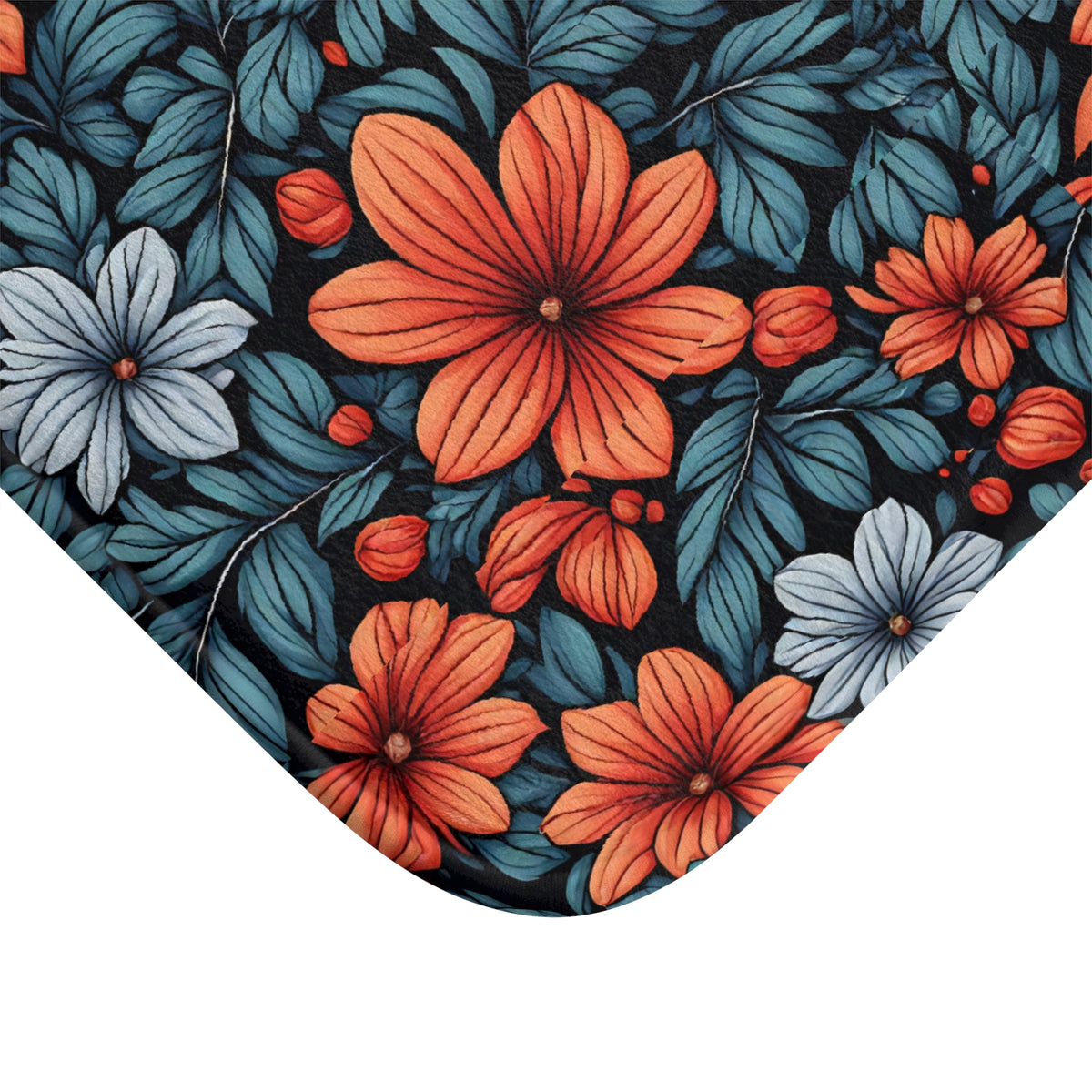 Floral Orange & Teal Bath Mat  - Vibrant Garden Pattern