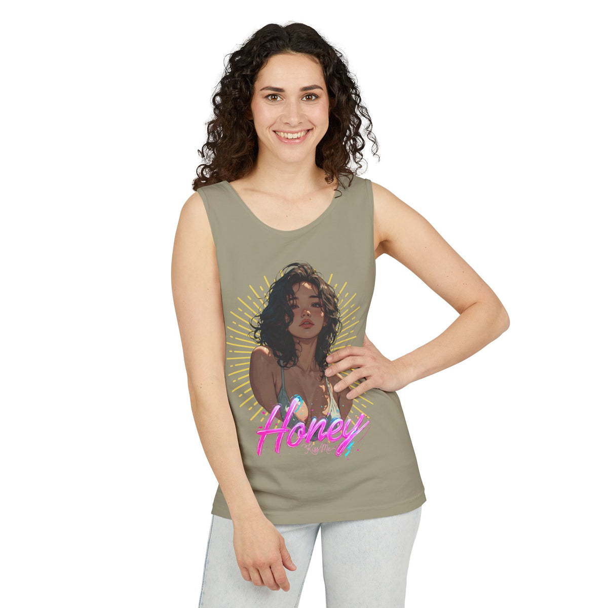Tank Top - Cute Character & Script Graphic Beach Babe Tank