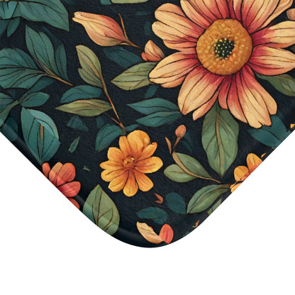 Floral Garden Bath Mat - Vintage Sunflower & Leaf Bathroom Rug