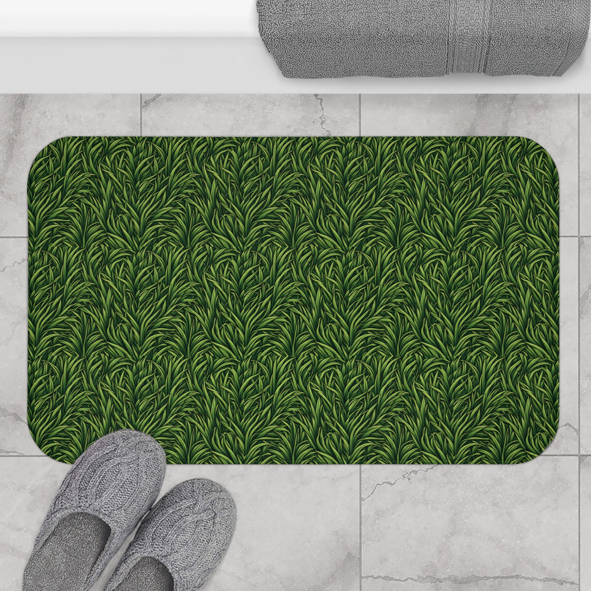 Green Grass Pattern Bath Mat - Botanical Non-Slip Bathroom Rug