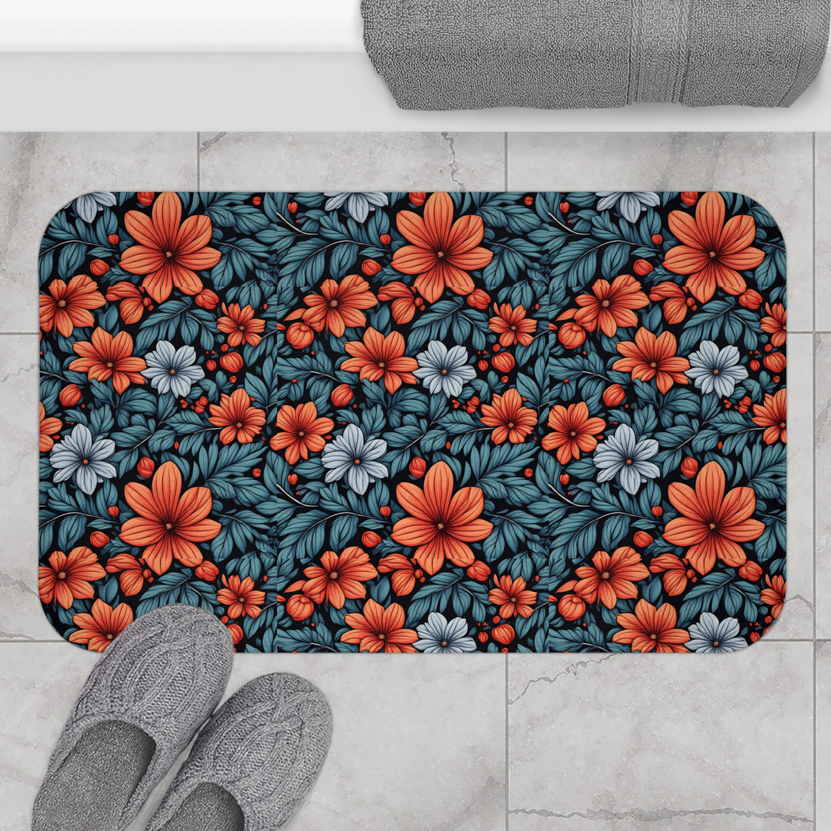 Floral Orange & Teal Bath Mat  - Vibrant Garden Pattern