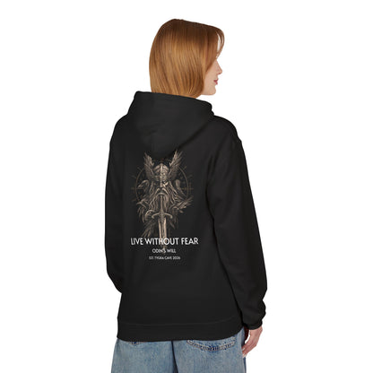 Viking Shield & Sword Hoodie — "Live Without Fear" Nordic Warrior Graphic