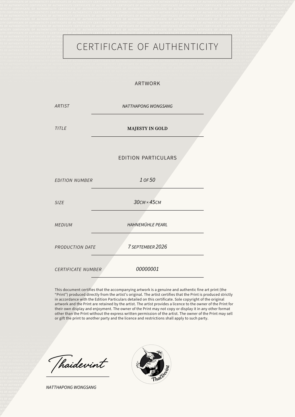 Majesty in Gold — Certificate of Authenticity