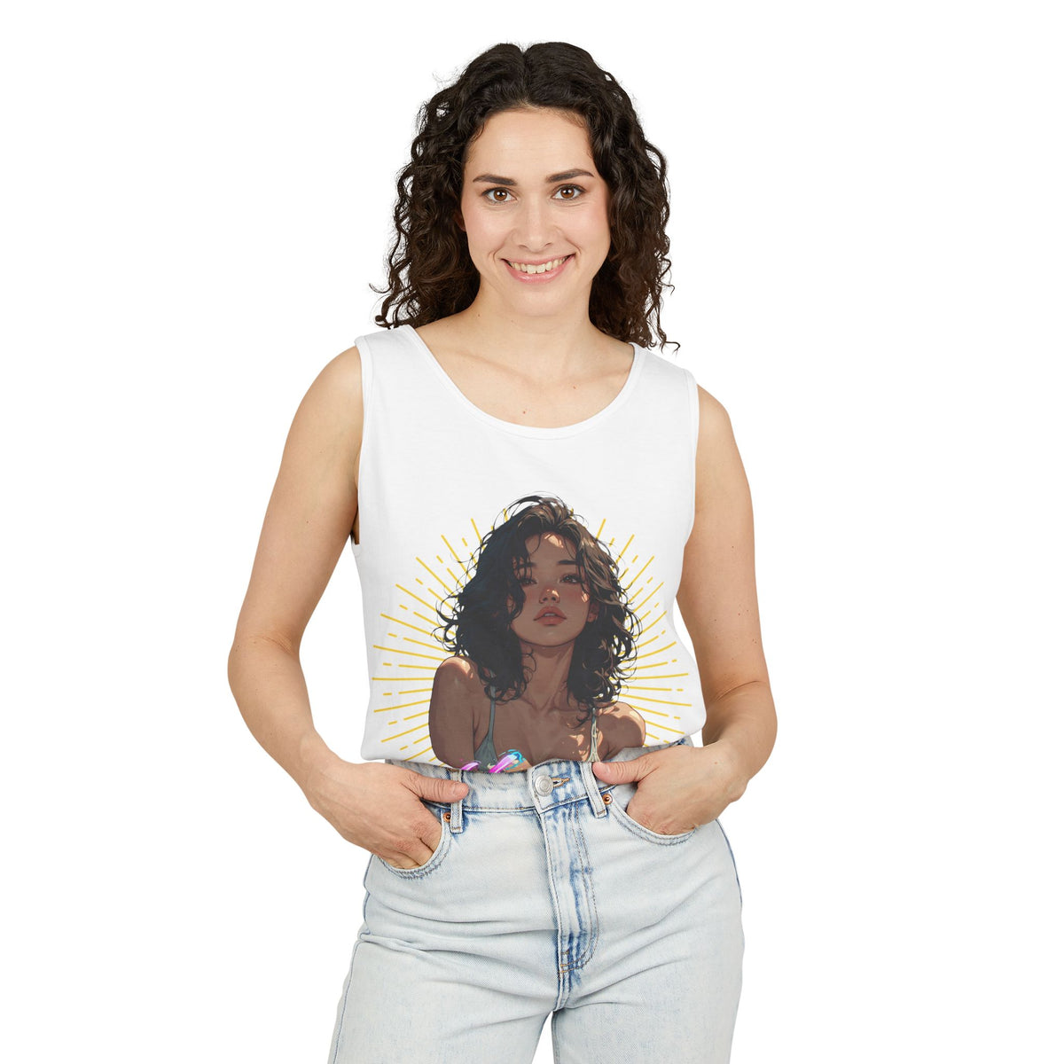 Tank Top - Cute Character & Script Graphic Beach Babe Tank