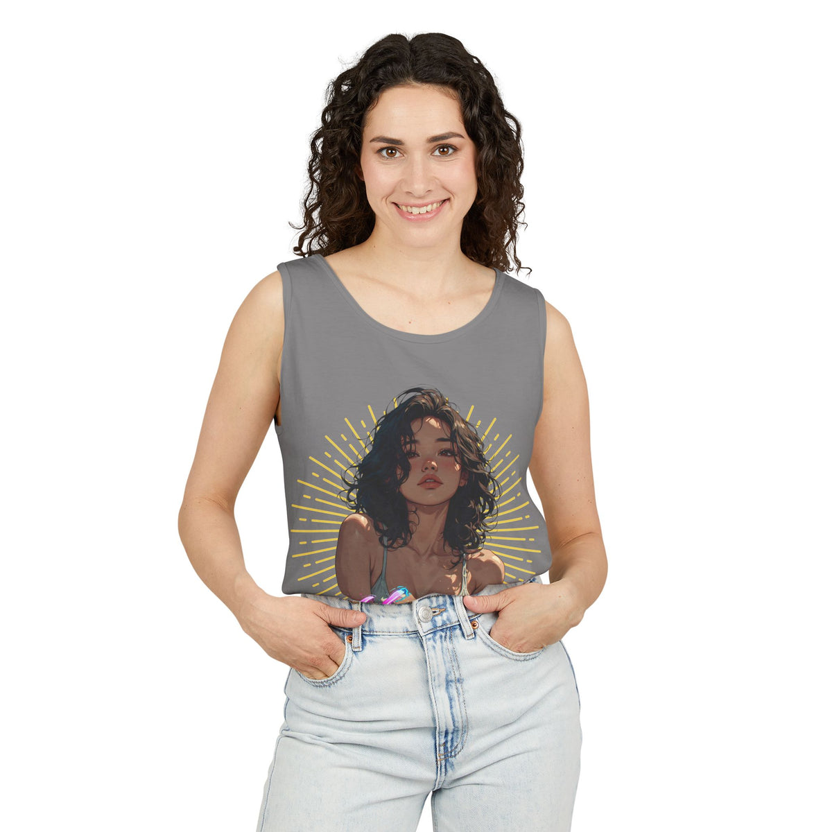 Tank Top - Cute Character & Script Graphic Beach Babe Tank