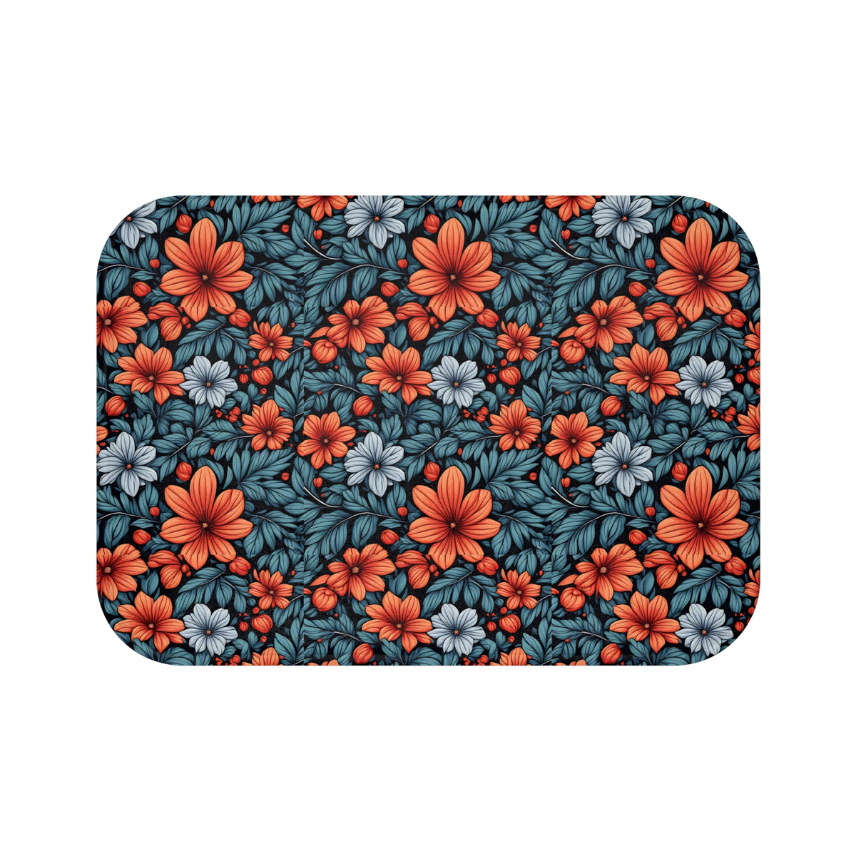 Floral Orange & Teal Bath Mat  - Vibrant Garden Pattern