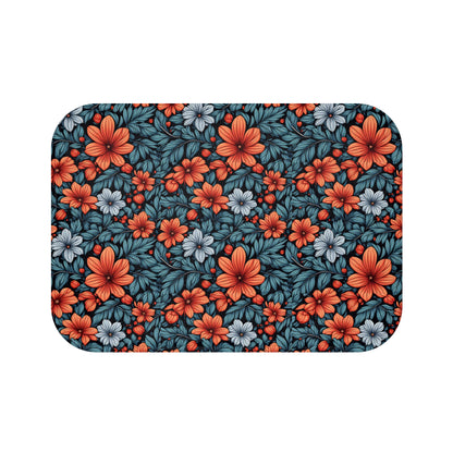 Floral Orange & Teal Bath Mat  - Vibrant Garden Pattern