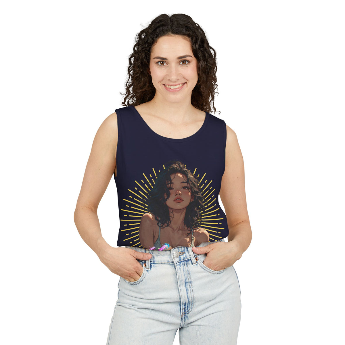 Tank Top - Cute Character & Script Graphic Beach Babe Tank