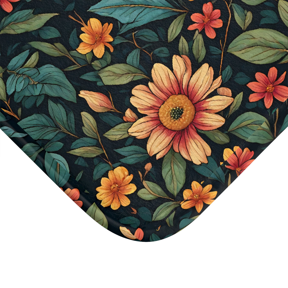 Floral Garden Bath Mat - Vintage Sunflower & Leaf Bathroom Rug