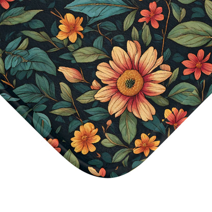Floral Garden Bath Mat - Vintage Sunflower & Leaf Bathroom Rug