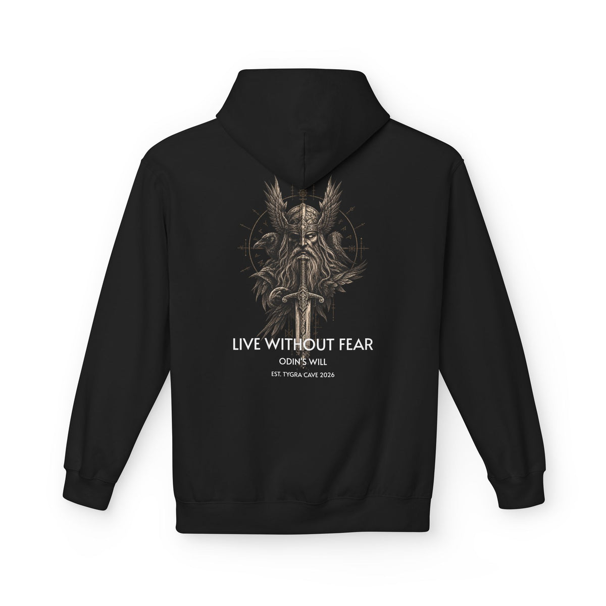 Viking Shield & Sword Hoodie — "Live Without Fear" Nordic Warrior Graphic