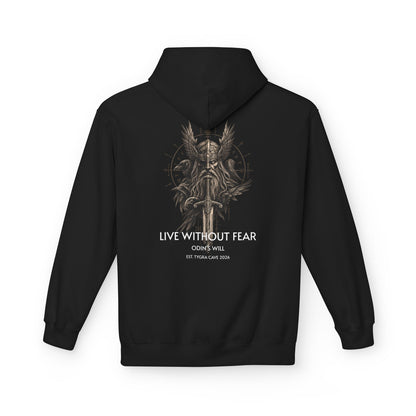Viking Shield & Sword Hoodie — "Live Without Fear" Nordic Warrior Graphic