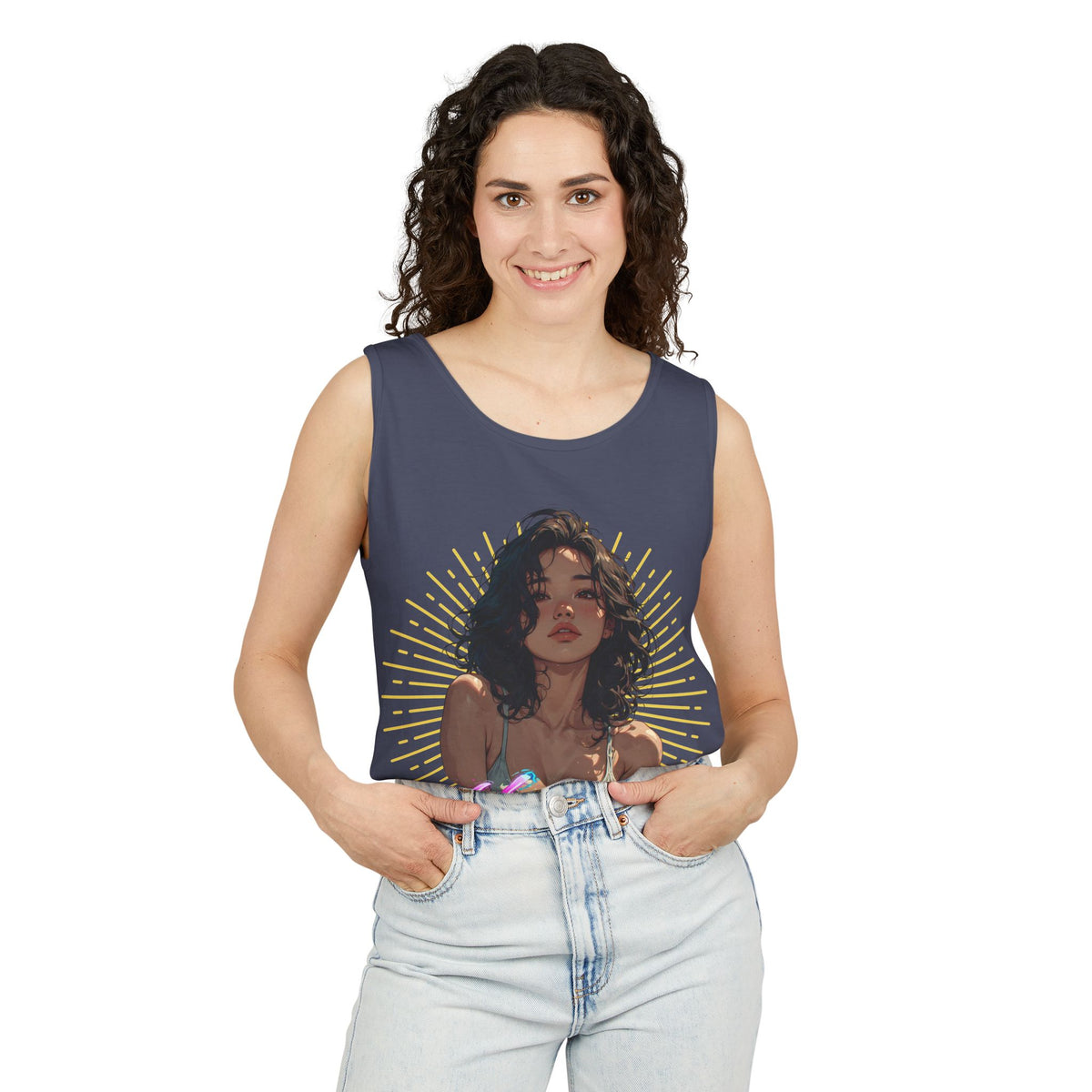 Tank Top - Cute Character & Script Graphic Beach Babe Tank