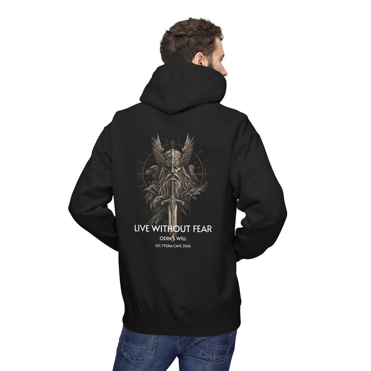 Viking Shield & Sword Hoodie — "Live Without Fear" Nordic Warrior Graphic