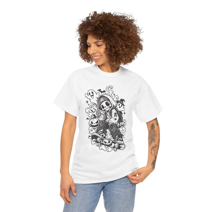 Skater Grim Reaper Tee – Skateboard Skeleton Halloween T‑Shirt