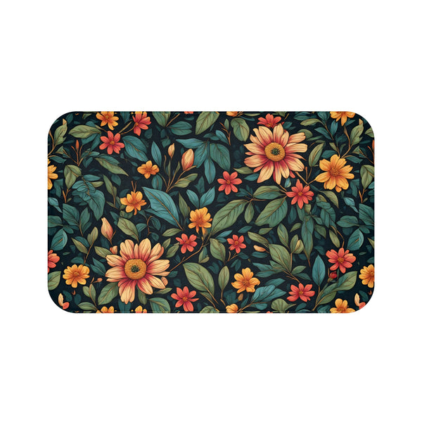 Floral Garden Bath Mat - Vintage Sunflower & Leaf Bathroom Rug