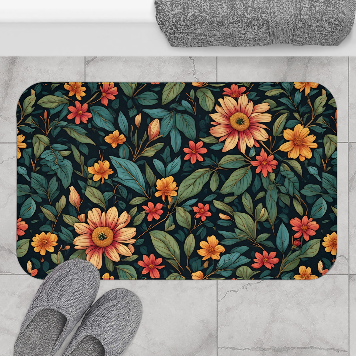 Floral Garden Bath Mat - Vintage Sunflower & Leaf Bathroom Rug