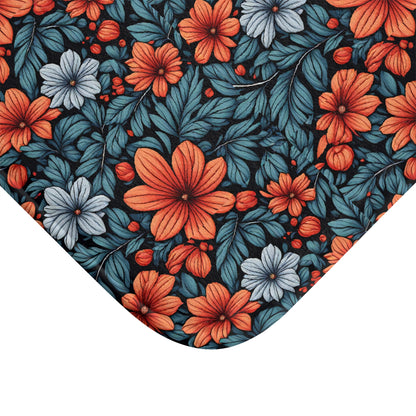 Floral Orange & Teal Bath Mat  - Vibrant Garden Pattern