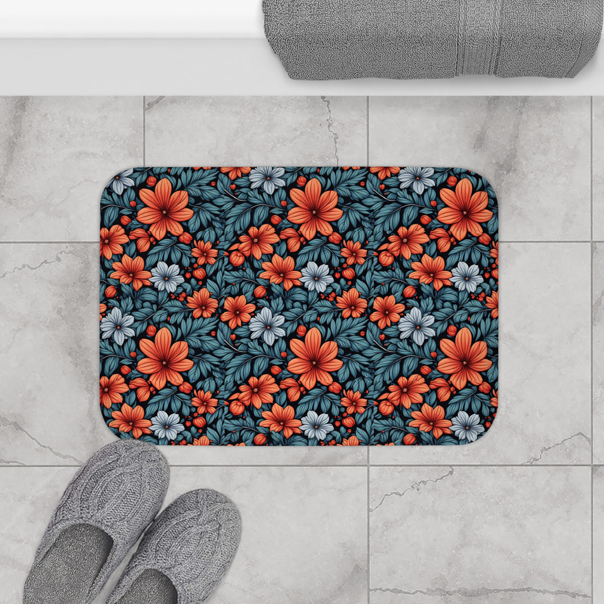 Floral Orange & Teal Bath Mat  - Vibrant Garden Pattern