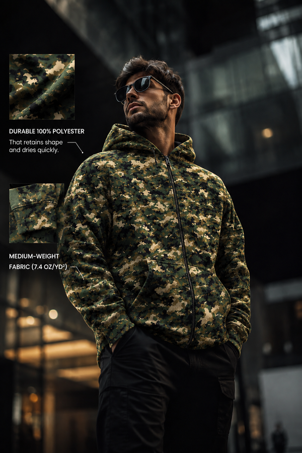 A man wearing a camouflage hooded sweatshirt stands in an urban setting, with two inset fabric close-ups and text describing the product as durable 100% polyester medium-weight fabric, 7.4 oz/yd.