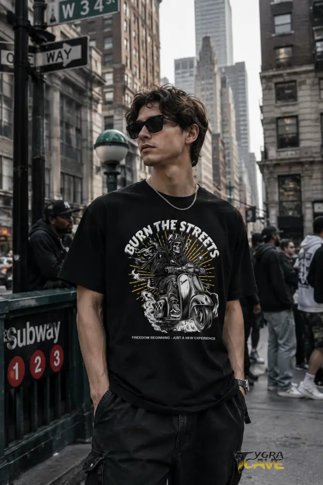 Burn the Streets Scooter Rider T-Shirt, Skull Vespa Vintage Moto Tee - T-Shirt