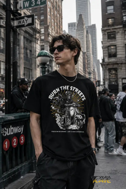 Burn the Streets Scooter Rider T-Shirt, Skull Vespa Vintage Moto Tee - T-Shirt
