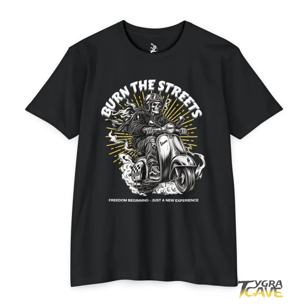 Burn the Streets Scooter Rider T-Shirt, Skull Vespa Vintage Moto Tee - CVC Black / XS - T-Shirt