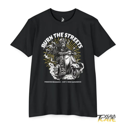 Burn the Streets Scooter Rider T-Shirt, Skull Vespa Vintage Moto Tee - CVC Black / XS - T-Shirt