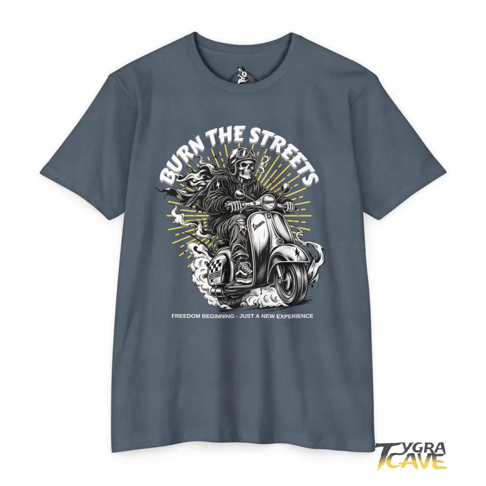 Burn the Streets Scooter Rider T-Shirt, Skull Vespa Vintage Moto Tee - CVC Indigo / XS - T-Shirt