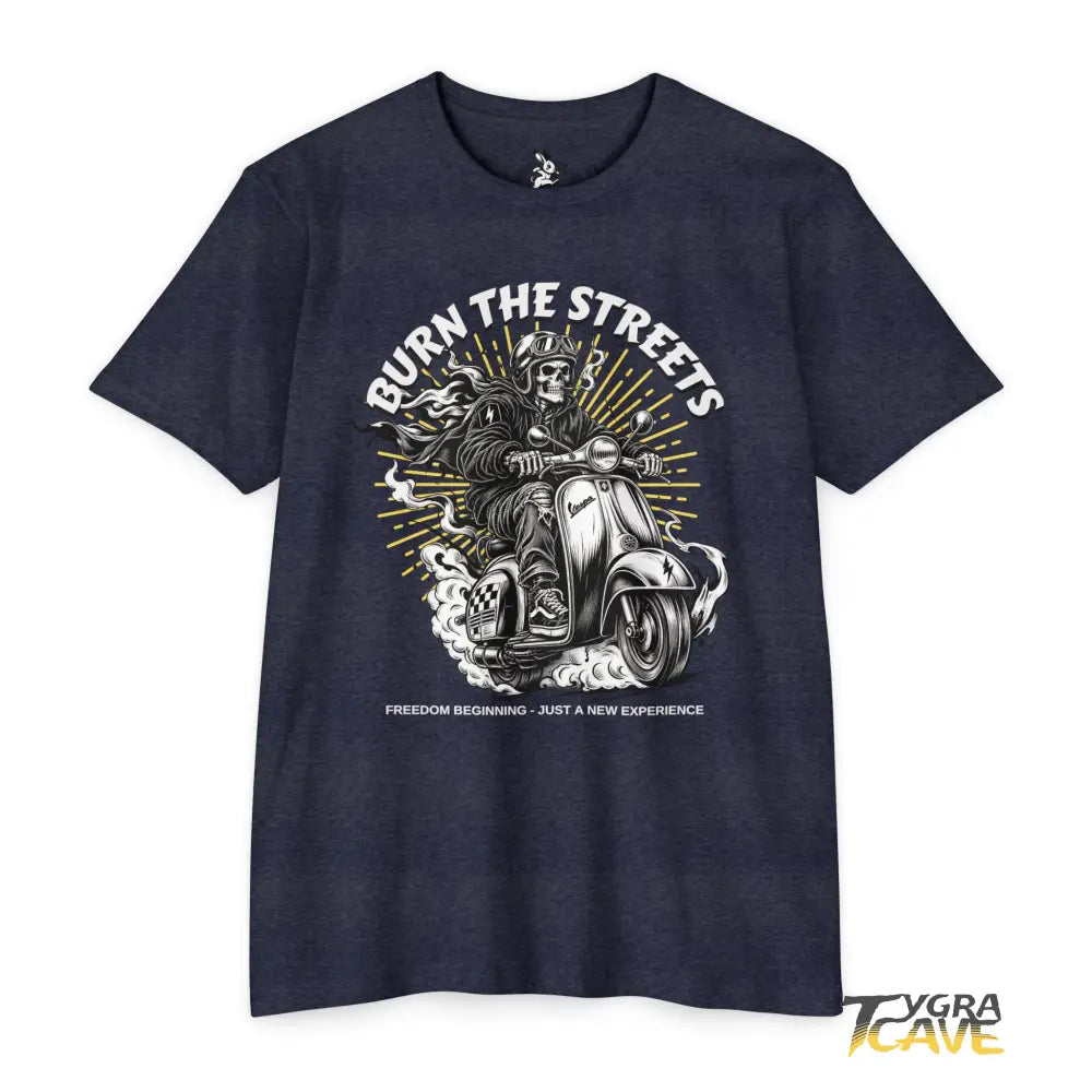 Burn the Streets Scooter Rider T-Shirt, Skull Vespa Vintage Moto Tee - CVC Midnight Navy / XS - T-Shirt