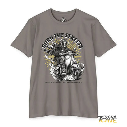 Burn the Streets Scooter Rider T-Shirt, Skull Vespa Vintage Moto Tee - CVC Stone Gray / XS - T-Shirt