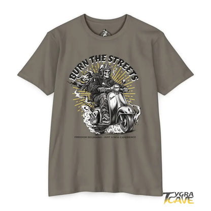 Burn the Streets Scooter Rider T-Shirt, Skull Vespa Vintage Moto Tee - CVC Warm Gray / XS - T-Shirt