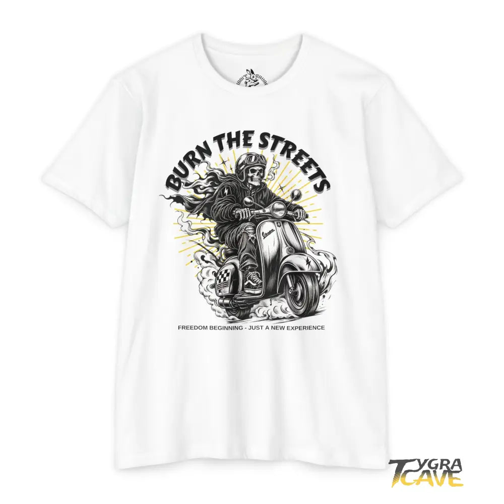 Burn the Streets Scooter Rider T-Shirt, Skull Vespa Vintage Moto Tee - CVC White / XS - T-Shirt