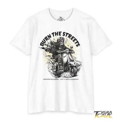 Burn the Streets Scooter Rider T-Shirt, Skull Vespa Vintage Moto Tee - CVC White / XS - T-Shirt