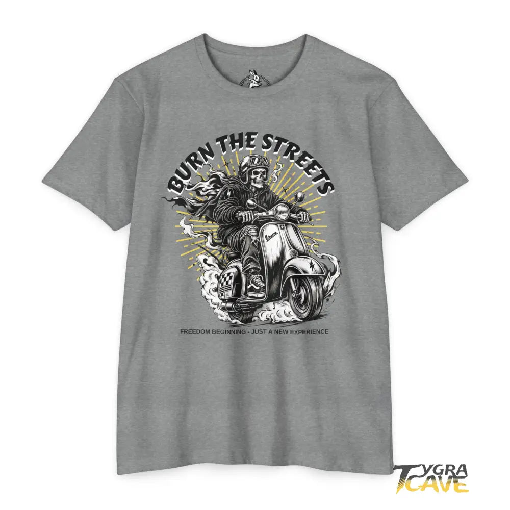 Burn the Streets Scooter Rider T-Shirt, Skull Vespa Vintage Moto Tee - Dark Heather Grey / XS - T-Shirt
